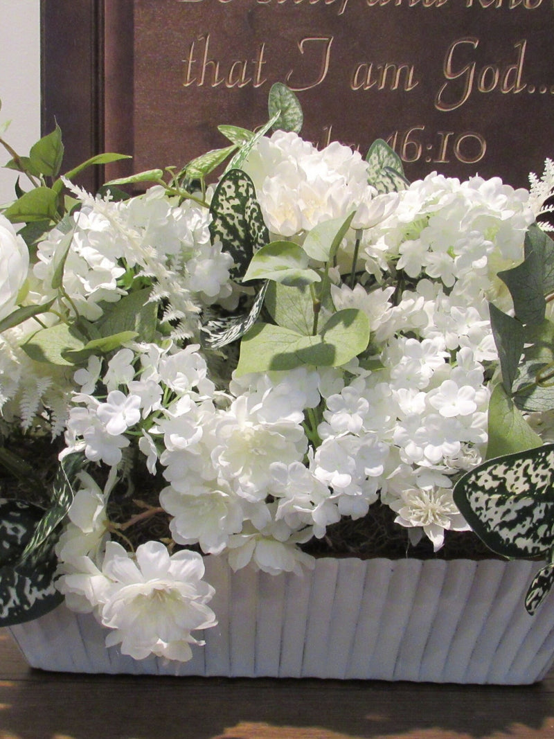 White Rose & Hydrangea Centerpiece: Ceramic Flower Garden Decor sympathy flower