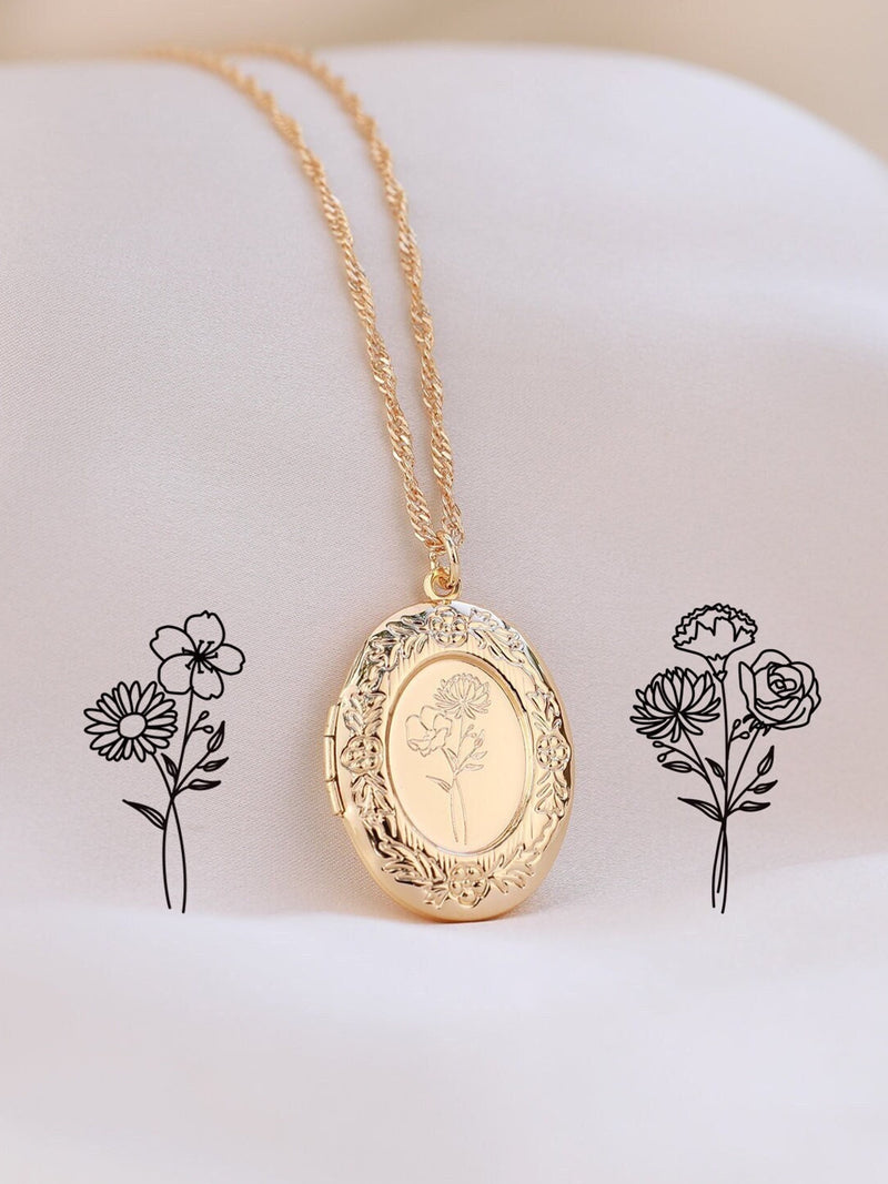 Custom Birth Flower Bouquet Locket Necklace, Engraved Photo Locket, Bridesmaid Gift ANNIVERSARY