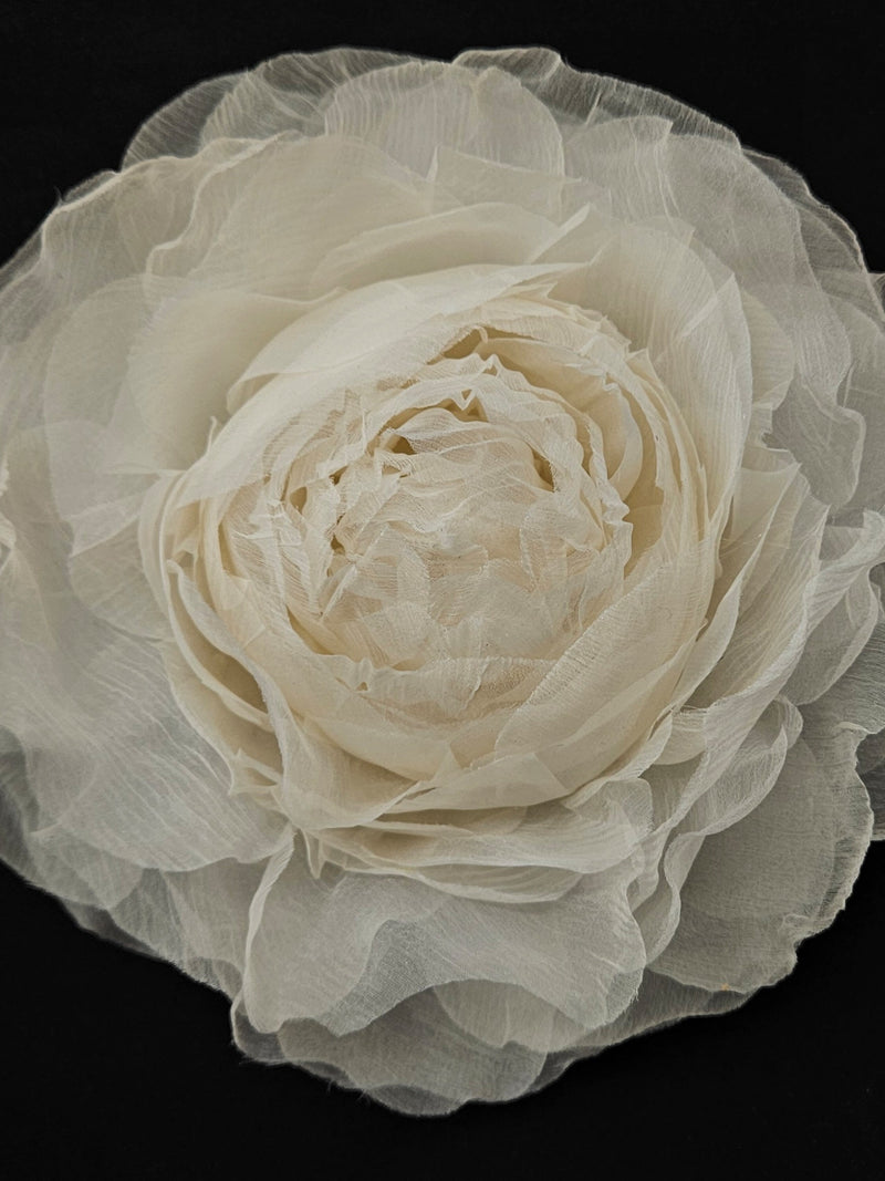 M&S Schmalberg 8" Cabbage Rose Large Light Ivory Off White Crinkle Silk Organza Chiffon  Flower Brooch Pin - Made in USA silk flower