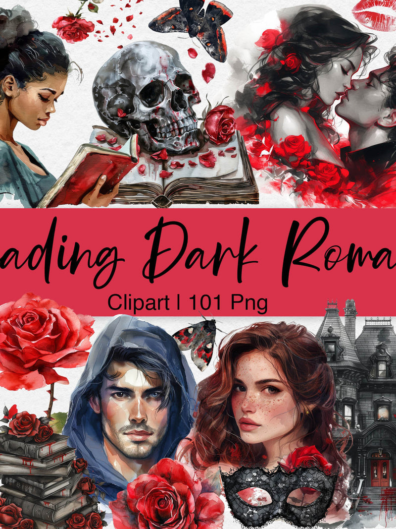 Dark Romance Reading Clipart, Romantic Bookworm Aesthetic Watercolor, Book Lover, Bookish, Black Girl Reading, Cat, Mouse, Rose, Haunting Love Romance Flower