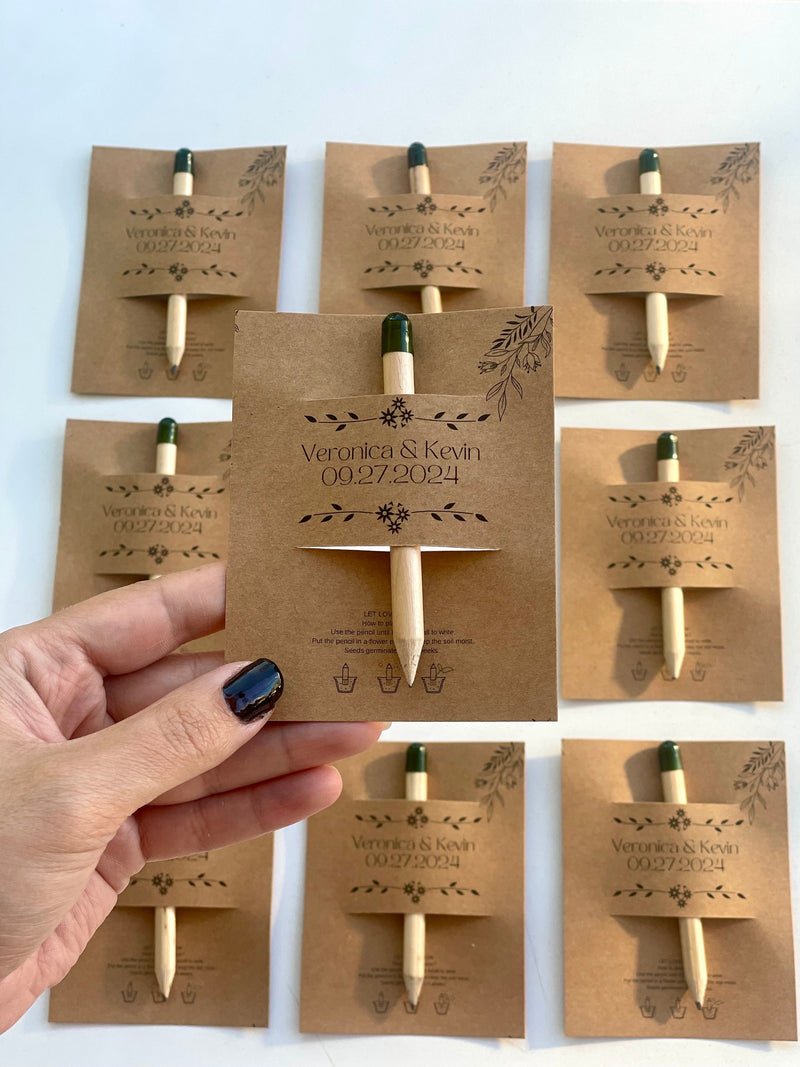 50 pcs Personalized Wedding Seed Pencil Favors: Floral Kraft Card seeds bulk