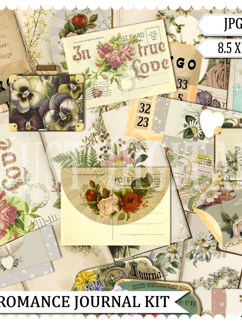 Romance Journal,  Valentines Journal, Memory Journal, Love Scrapbook, Papers, Engagement , Printable. Yesteryear Papers, Digital Download Love Romance Flower