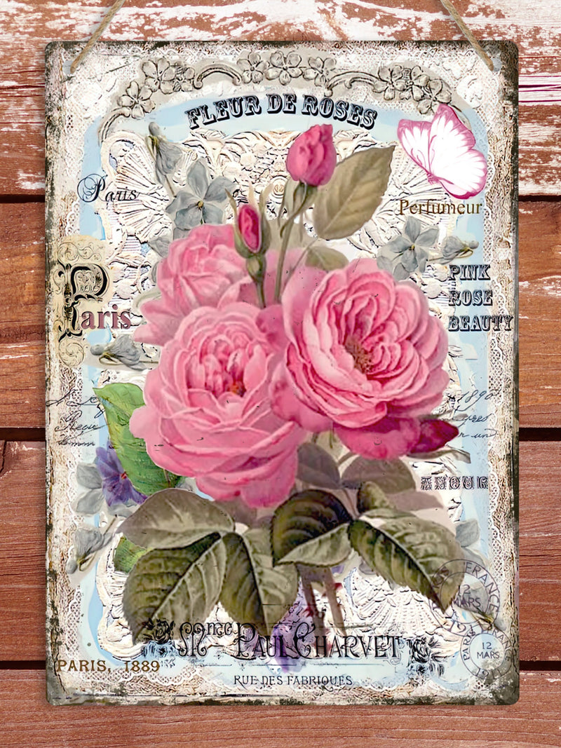 Shabby Chic Pink Rose Flower Vintage French Metal Sign, Wall Hanging Plaque, Bedroom Decoration, Roses Art Print, Floral Home Art Decor Gift FLOWER DELIVERY