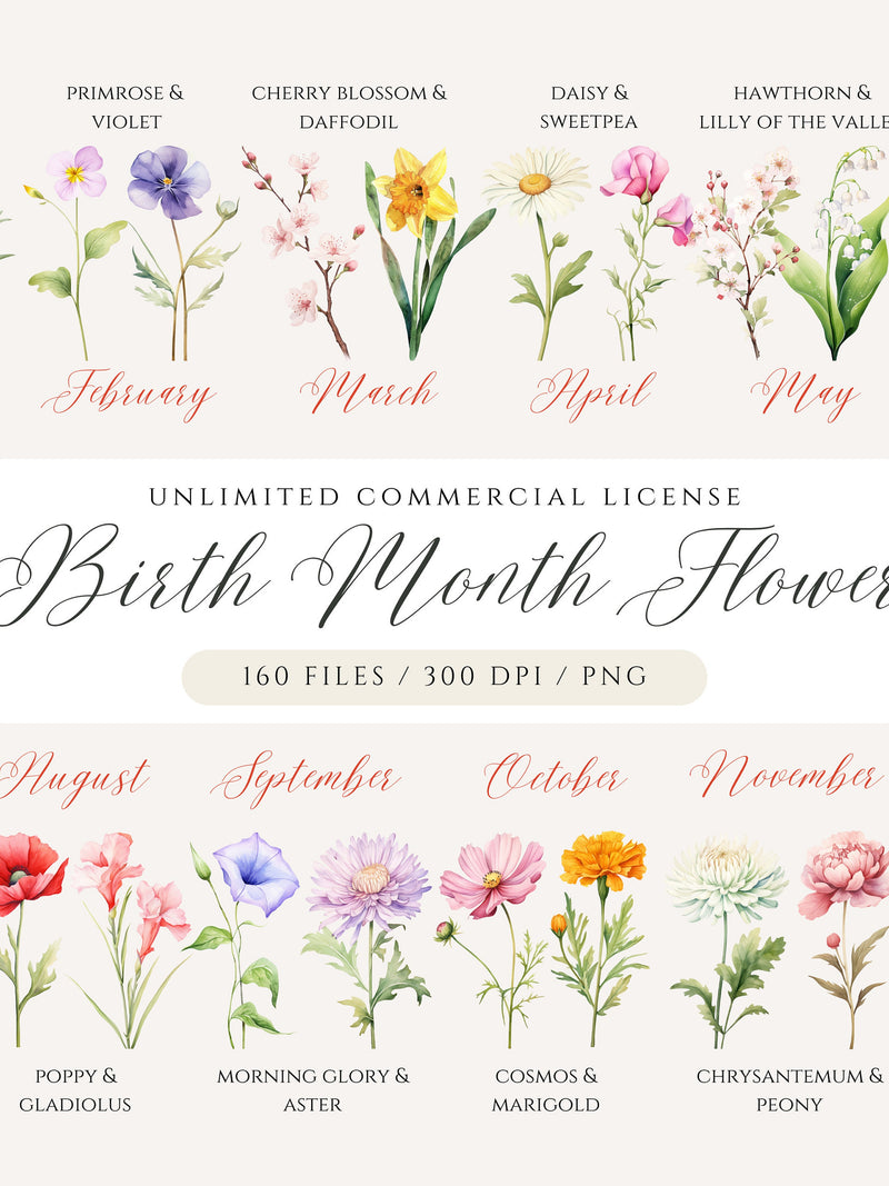 Watercolor Birth Month Flower Clipart Bundle: DIY Floral PNG (Digital Download) birthday flower