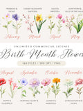 Watercolor Birth Month Flower Clipart Bundle: DIY Floral PNG (Digital Download) birthday flower