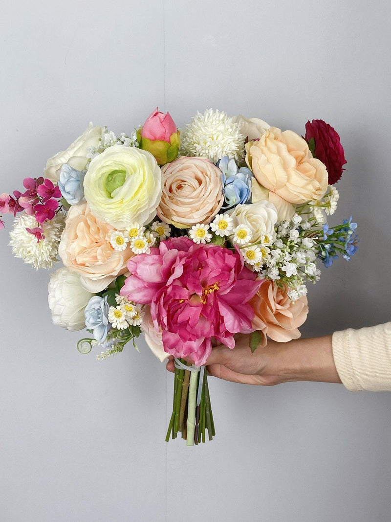 Spring Bridal Bouquet, Wildflowers Summer Wedding Bouquet, Boho Flower Bouquet,  Design in Peonies, Ranunculus , Daisy and Baby's Breath Bouquet