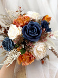 Burnt orange and Navy blue wedding flowers, Burnt orange & navy wedding bridal bridesmaid bouquet, Burnt orange and navy silk flower bouquet Bouquet