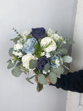 Navy Blue and Dusty Blue Bouquet, Blue Wedding Bouquet, Bridal Flower Bouquet, Design in Rose, Peonies, and Baby's Breath wedding flower