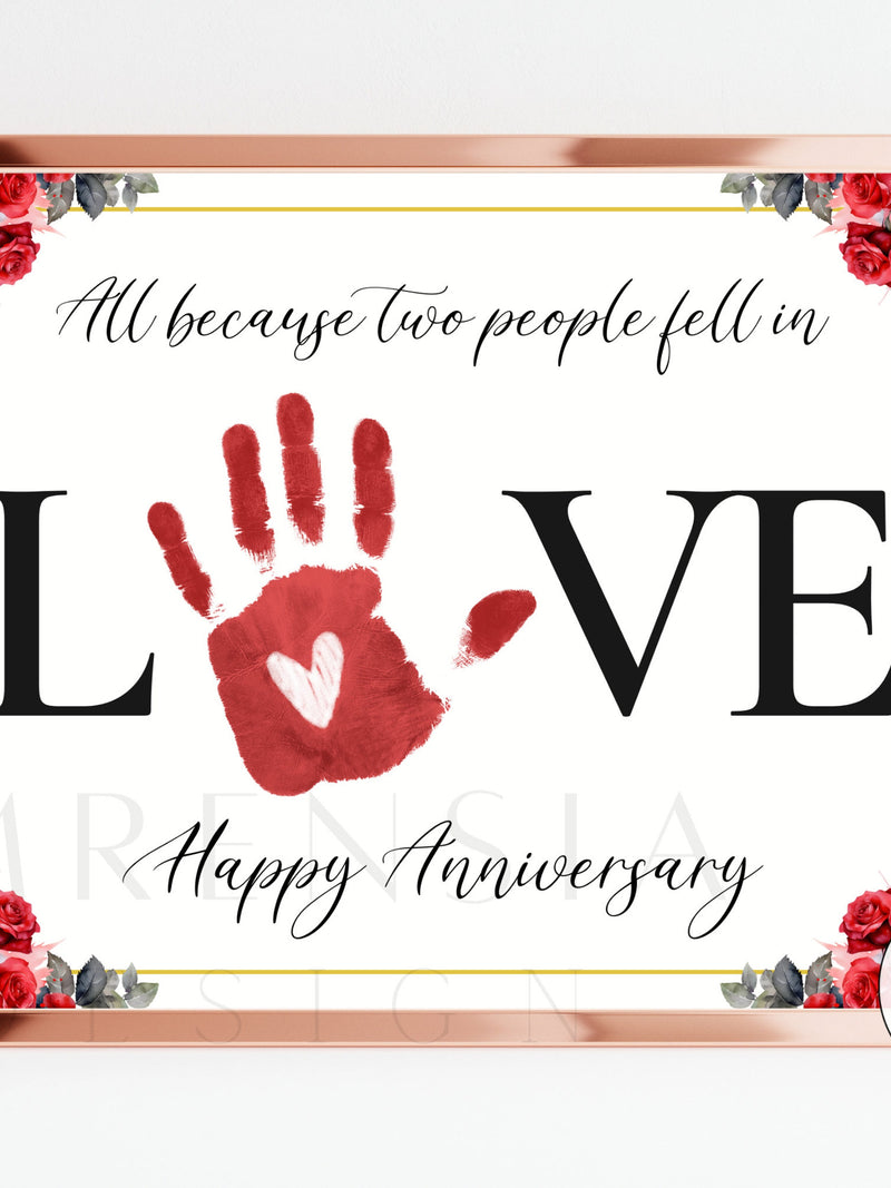 ANNIVERSARY Love Handprint art, Flower Happy Anniv card, Anniversary Gift for, keepsake craft, baby, toddler, kid DIY, Instant download ANNIVERSARY
