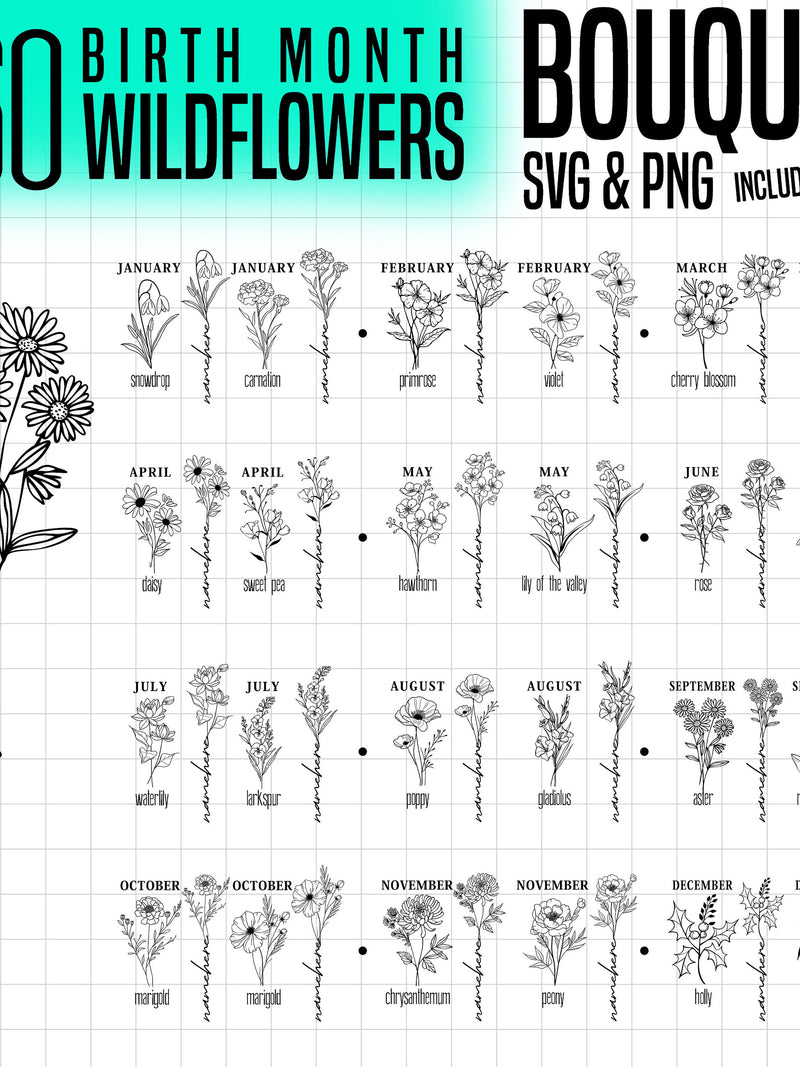 Birth month Bouquet Wildflowers svg and png 560 graphic files bundle - birthmonth wild flowers birthday botanical instant digital downloads birthday flower
