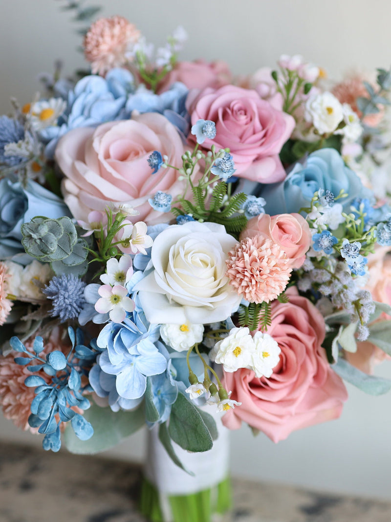 Fake Light Blue & Rose Pink Wildflower Bridal Bouquet/Boutonniere: Colorful Spring Summer Wedding, Real Touch Rose, Daisies, Hydrangea wedding flower