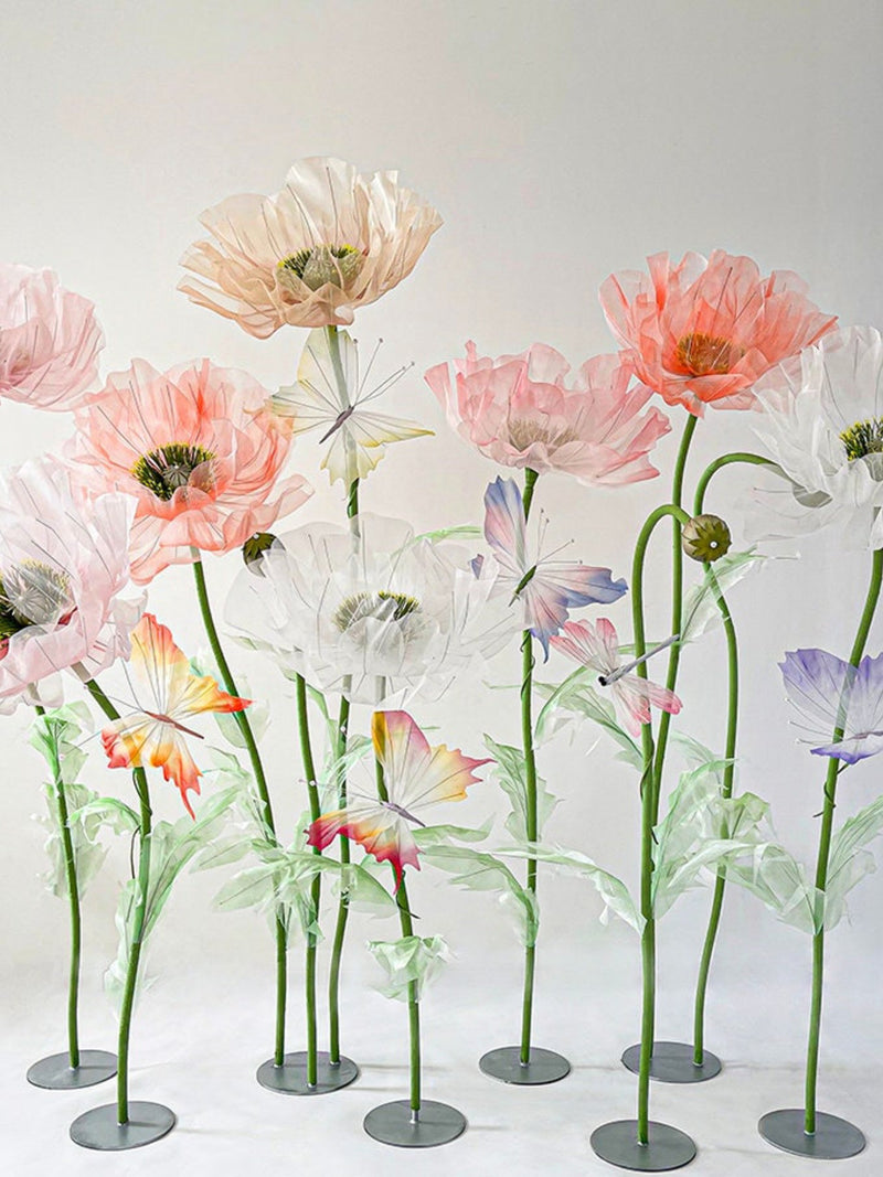 Stunning Floral Wonderland, 8 Organza Giant Poppies with 6 Butterflies, Oversized Flowers Backdrop Decoration, Event & Window Design birthday flower