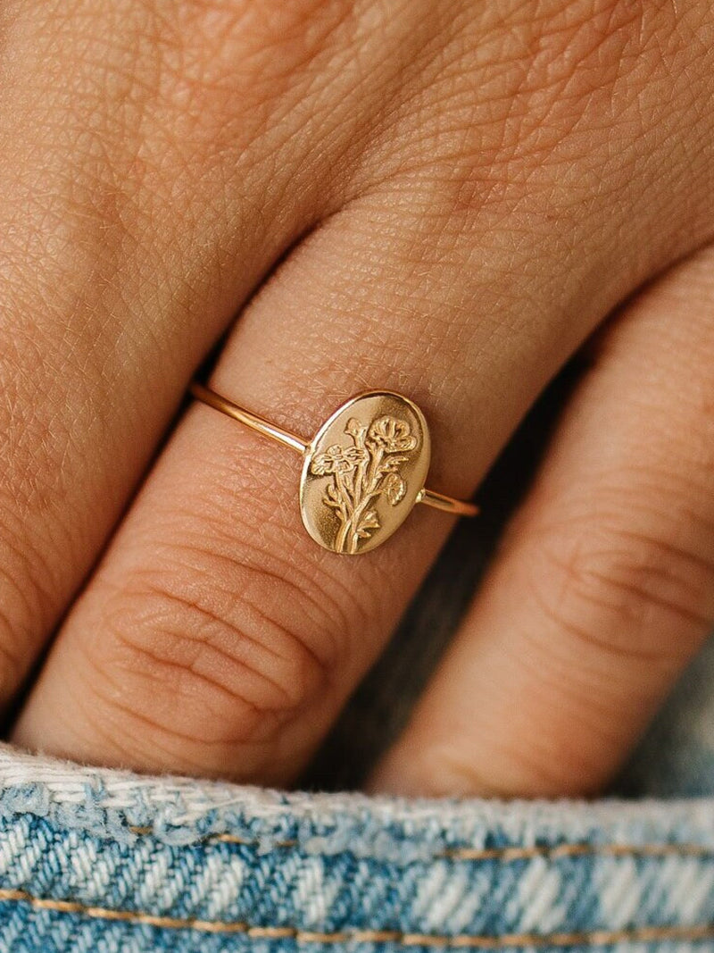 Fleur Birth Flower Ring ¥ Gold, Silver or Rose Gold - Birth Flower Jewelry Personalized Birth Month - Mothers Day Gift for Her Push Present birthday flower