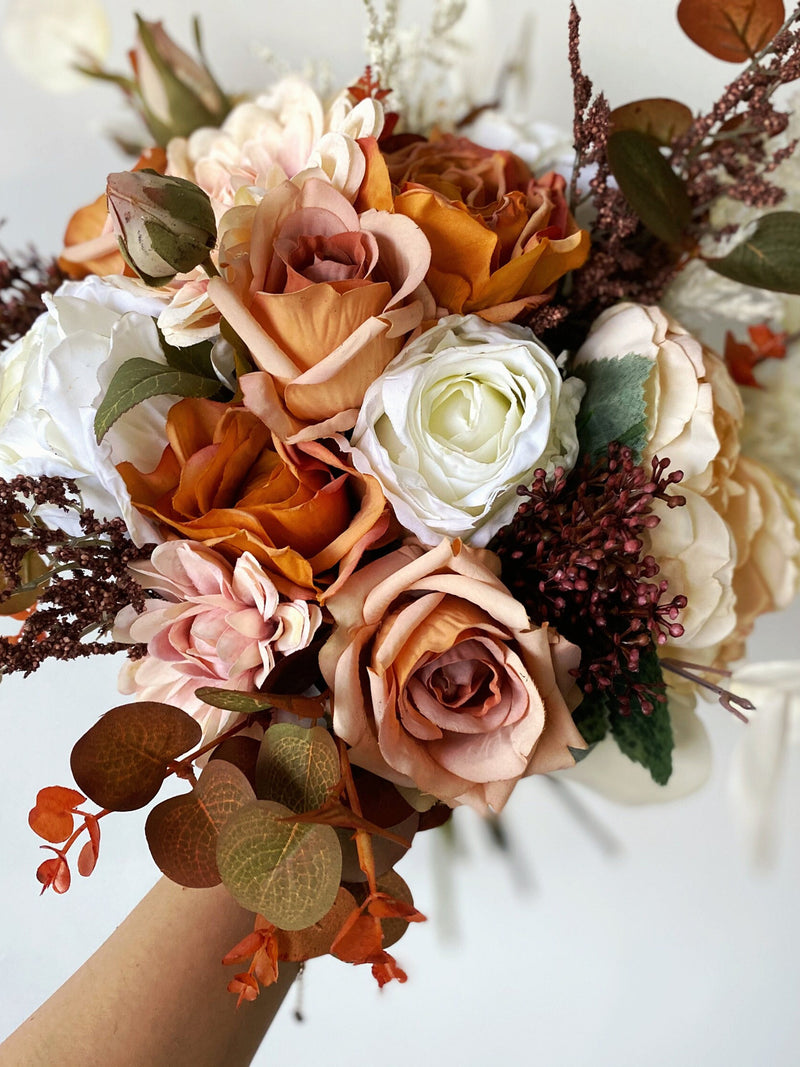Burnt Orange & Ivory White Fall Bouquet, Small Fall Wedding Bouquet for Bride or Bridesmaids, Fall Silk Flower Bouquet, Fall Rustic Bouquet silk flower