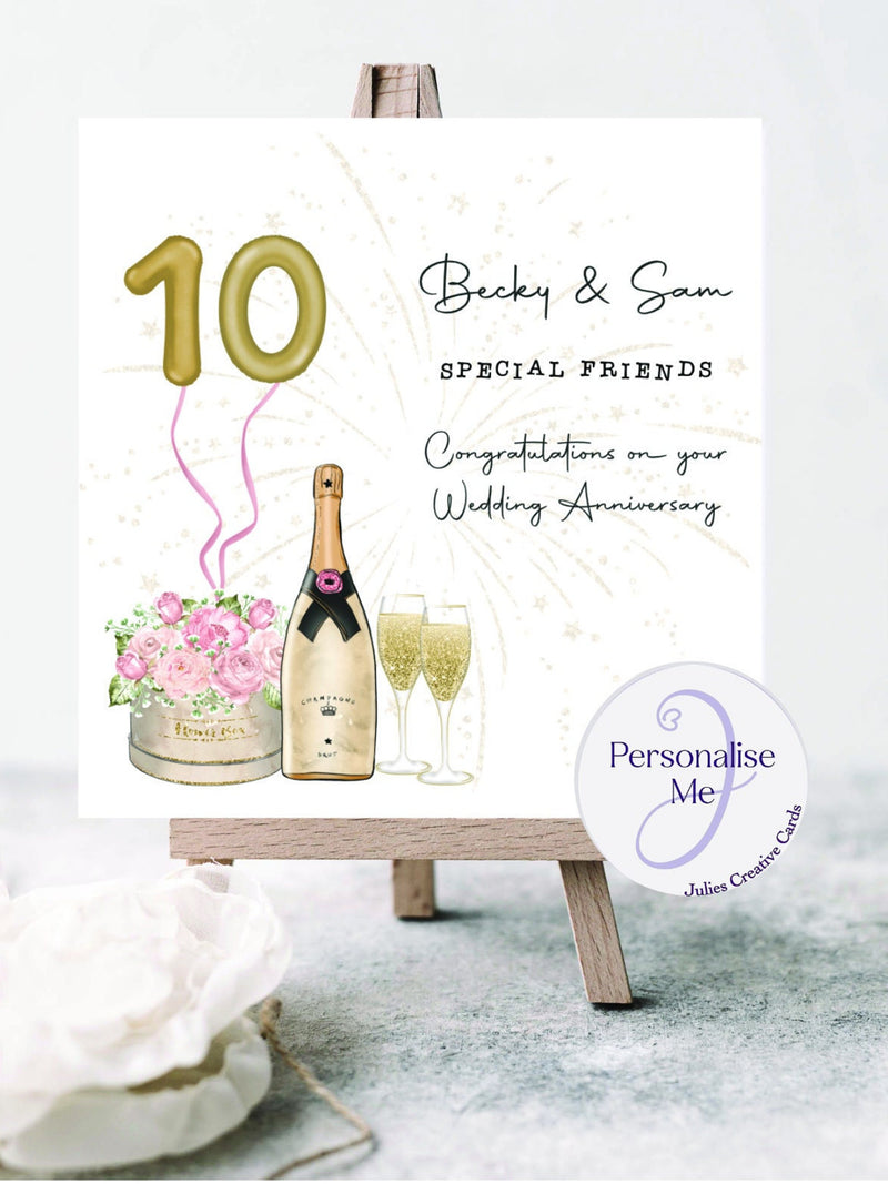 Personalized Wedding Anniversary Card: Champagne, Balloons, Flowers ANNIVERSARY