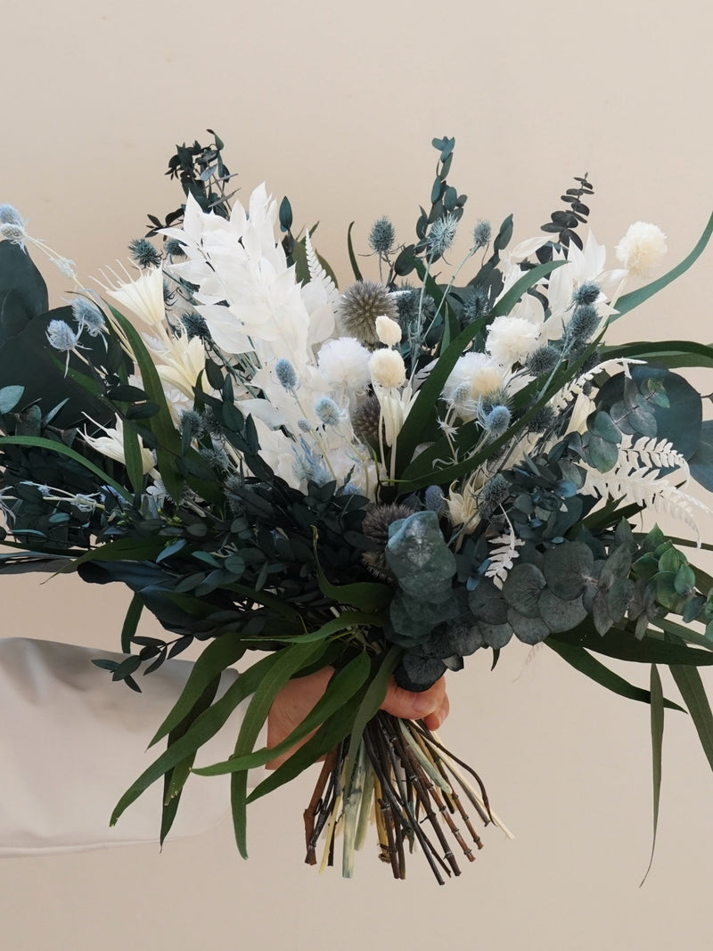 Green forest themed wedding dry bouquet, white green mixed bridal bouquet, eucalyptus leaf natural thistle blue dry bouquet wedding flower