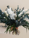 Green forest themed wedding dry bouquet, white green mixed bridal bouquet, eucalyptus leaf natural thistle blue dry bouquet wedding flower