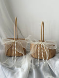 Handwoven Flower Girl Basket with Pearl Chain & Ivory Ribbon wedding flower