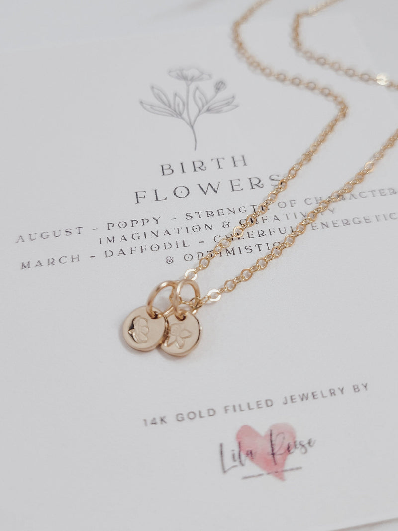 Dainty Mini Birth Flower Necklace, 14K Gold Filled, Sterling Silver, Tiny Floral Disc, HAND STAMPED, Minimalist Necklace, Gift for her birthday flower