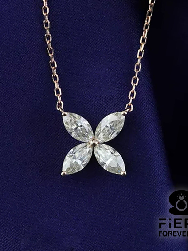 Four Stone Flower Necklace, 1/ 1.4/ 2 Carat Marquise Cut Moissanite Engagement Pendant With Cable Chain, Anniversary Gift Necklace For Women ANNIVERSARY