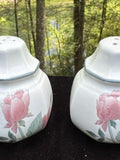 Vintage Mikasa Silk Flowers Salt + Pepper Shakers Pink Green Cream Octagonal A60 silk flower