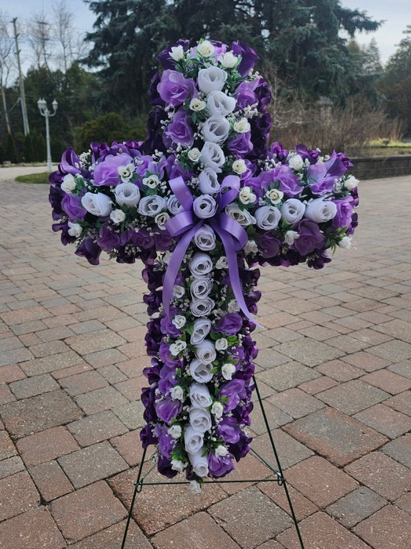 Multi Purple Cross Cemetery  Artificial Flowers Funeral Grave Decorations Memorial Flower Round Wreaths Arrangements Bow Arrangement Love sympathy flower