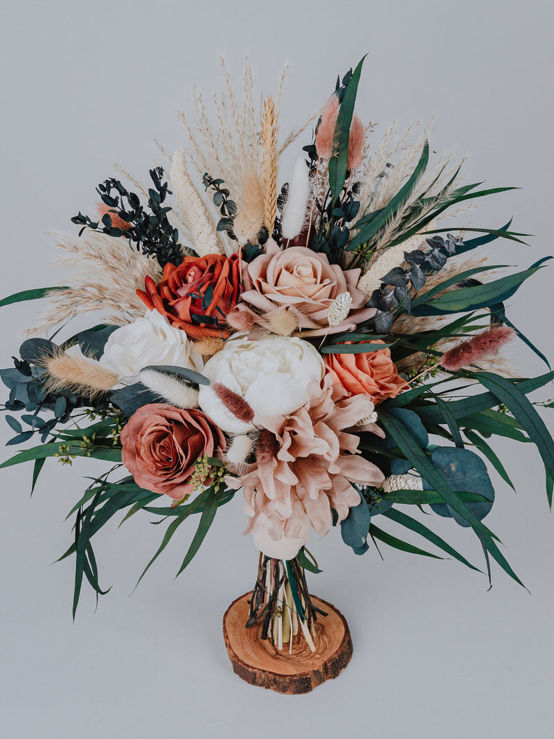 Burnt Orange bouquet/Rustic Fall Wedding Faux Bouquet/Pink Burgundy/Ivory Brown Flowers with Greenery bridal bouquet/Terracotta bouquet Bouquet