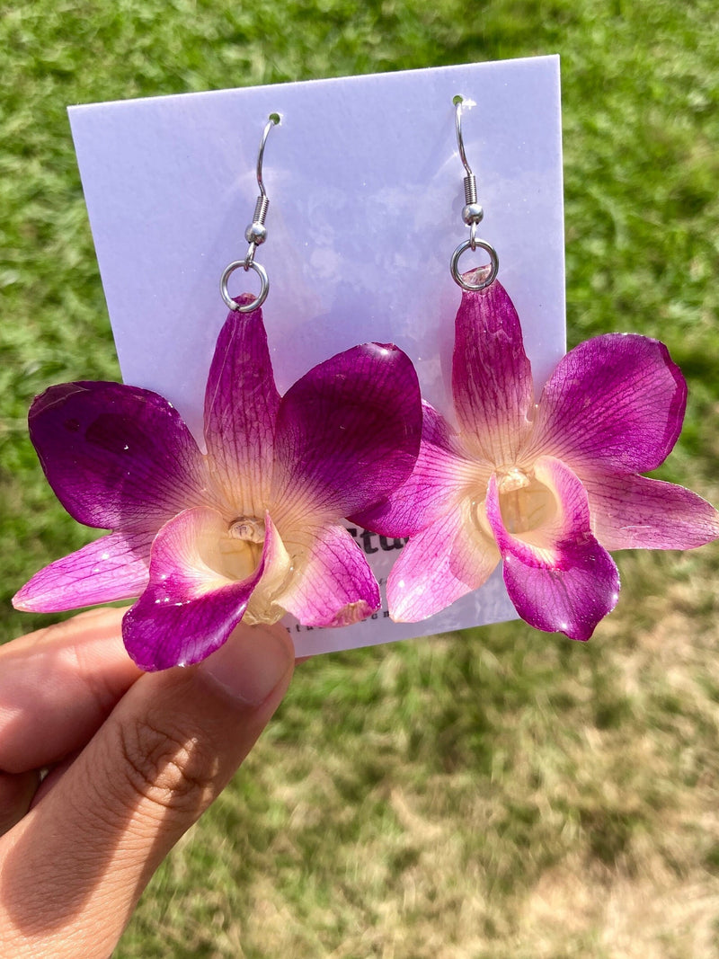 Real Flower Earring/purple orchid flower/christmas personalized gifts silk flower