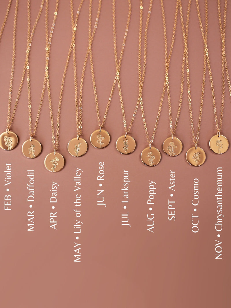 Birth Flower Necklace ¥ Personalized Floral Pendant Charm - Solid 14k, Gold Filled, Sterling Silver or Rose Gold ANNIVERSARY