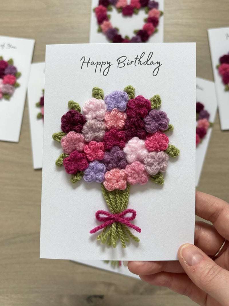 Crochet Floral Happy Birthday Card - Personalisation Optional - 100% Recycled - A6, Floral Birthday Card, Flower Bouquet Card, Flower Wreath birthday flower