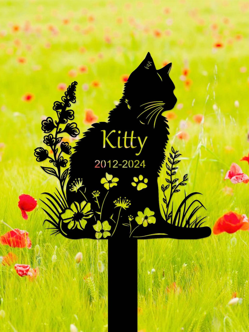 Personalized Metal Cat Grave Marker,Cat Memorial Stake with Flowers,Custom Cat Cemetery Stake,Cat Garden Stake,Cat Garden Decor,Loss of Cat sympathy flower