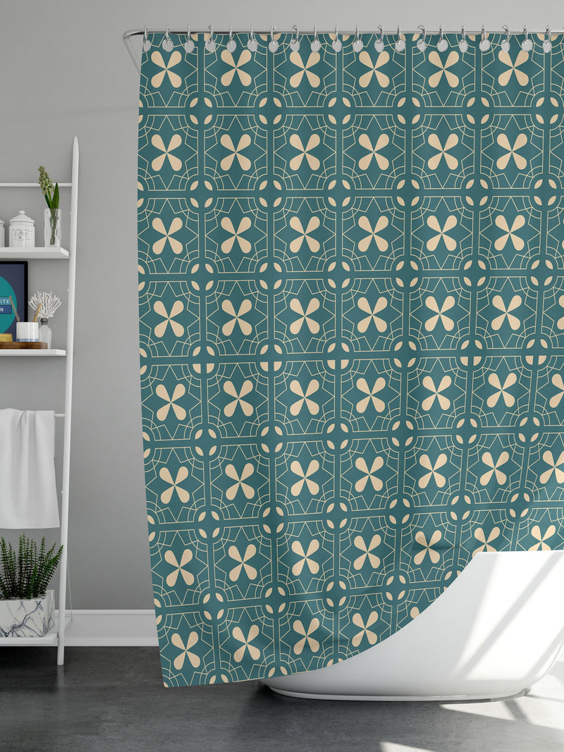 Blue geometry retro Shower Curtain, Mid-century 70 vintage flower bathroom curtain mat, Home bath Decor art deco nouveau, House warming Gift house warming flower