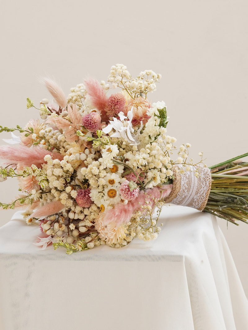 Pink Dried Flowers Bouquet For Wedding,Baby's Breath + Daisy Dried Flower Bridal Bouquet,Boho Wedding Dried Flowers Bouquet