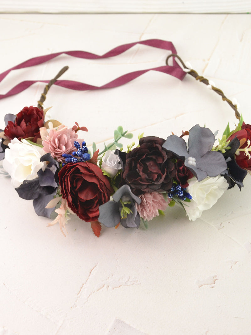 Flower crown adult Floral Hair piece Burgundy White Blue Wedding Headband for Women Flower Headpiece Bridal Hair Wreath Flower Crown Red wedding flower