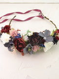 Flower crown adult Floral Hair piece Burgundy White Blue Wedding Headband for Women Flower Headpiece Bridal Hair Wreath Flower Crown Red wedding flower