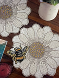 Handmade beaded placemat, bee on flower tablemat, 14 inch, charger plate house warming flower