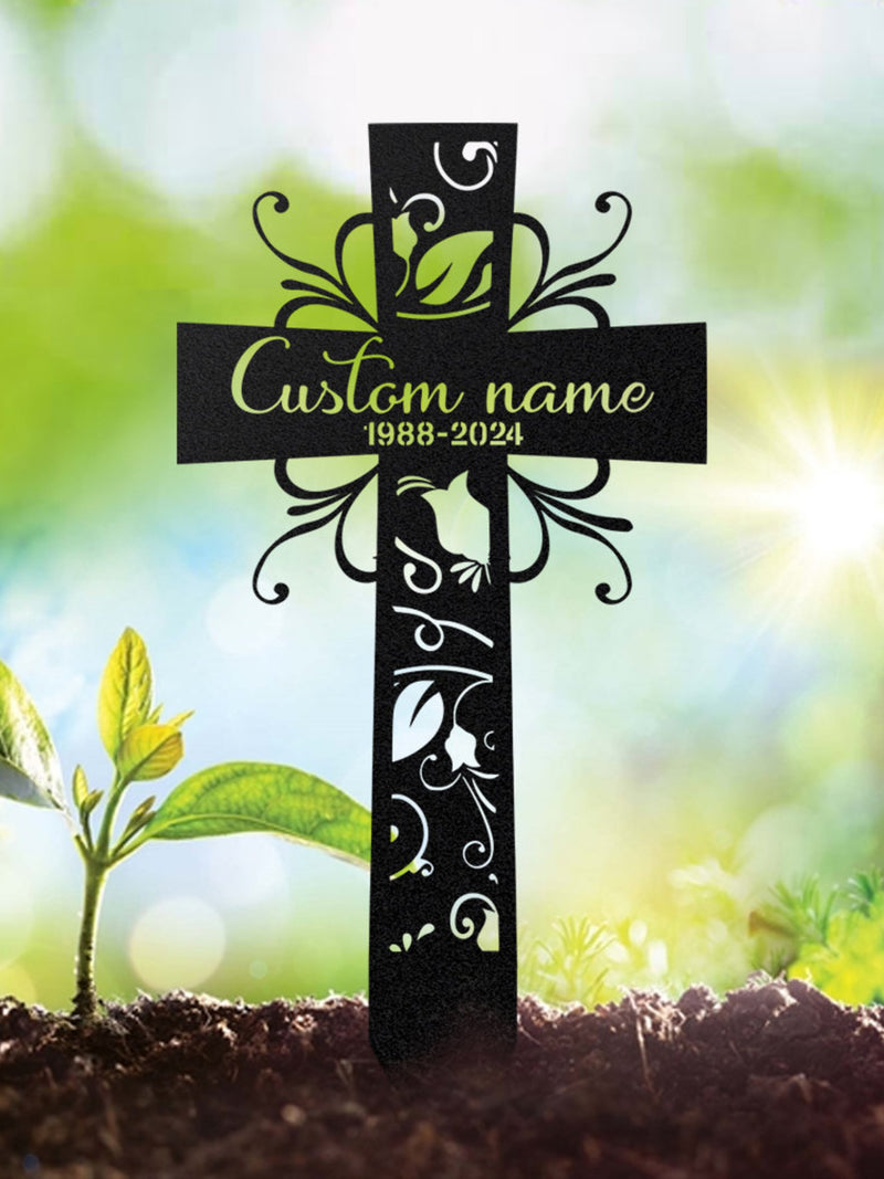 Personalized Flower Cross Memorial Metal Stake, Cross Stake,Garden Metal Stake, Mom Loss, Sympathy Gift, Memory Plaque, Outdoor Grave Marker sympathy flower