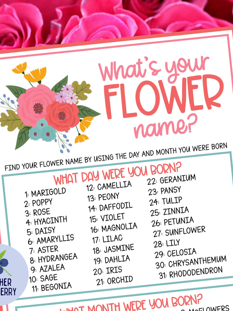 What's Your Flower Name Game with Name Tags & Sign | Garden Party Game | Flower Game | Baby in Bloom | Birthday | Wedding Shower | Printable birthday flower