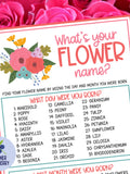 What's Your Flower Name Game with Name Tags & Sign | Garden Party Game | Flower Game | Baby in Bloom | Birthday | Wedding Shower | Printable birthday flower
