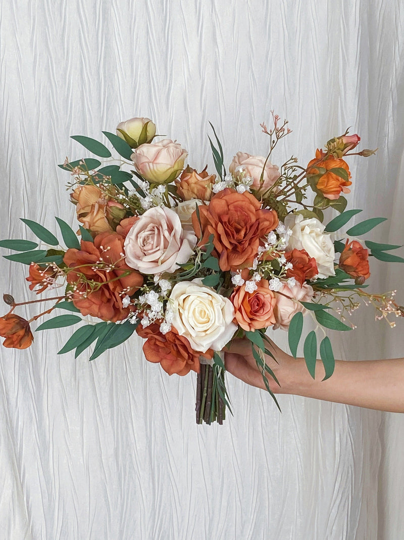 Terracotta, Mauve and Ivory Wedding Bouquet, Boho Bridal Bouquet, Autumn Wedding Flowers, Made with Roses, Baby's Breath and Italian Ruscus Bouquet