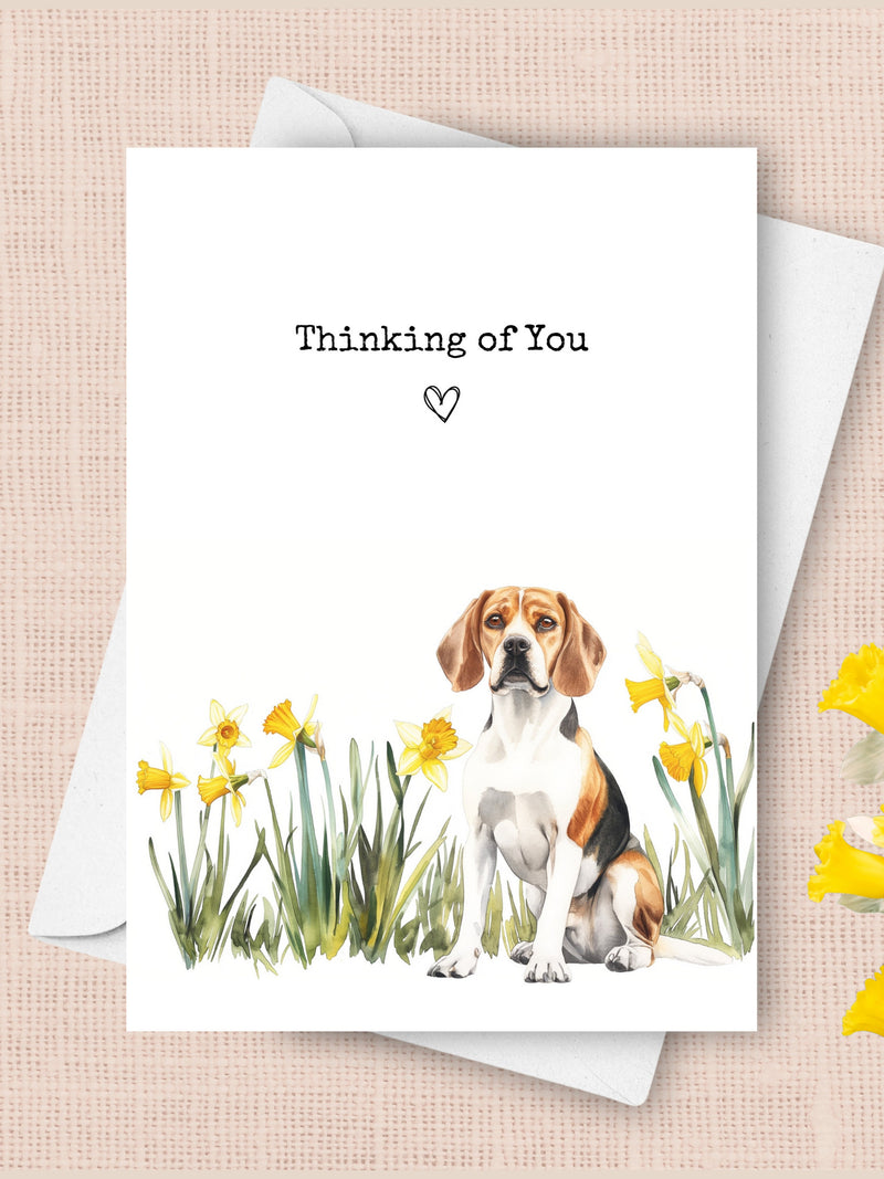Beagle Thinking of You Card, Pet Beagle Dog Sending Cheer Love Greeting, Yellow Daffodils Sympathy Gift, Spring Flowers Watercolor Present sympathy flower