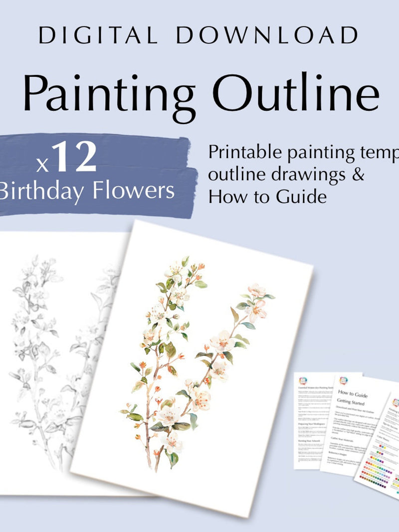 12 Birthday flower outline drawings, templates, PDF Digital Download for watercolor painting or coloring birthday flower