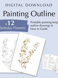 12 Birthday flower outline drawings, templates, PDF Digital Download for watercolor painting or coloring birthday flower