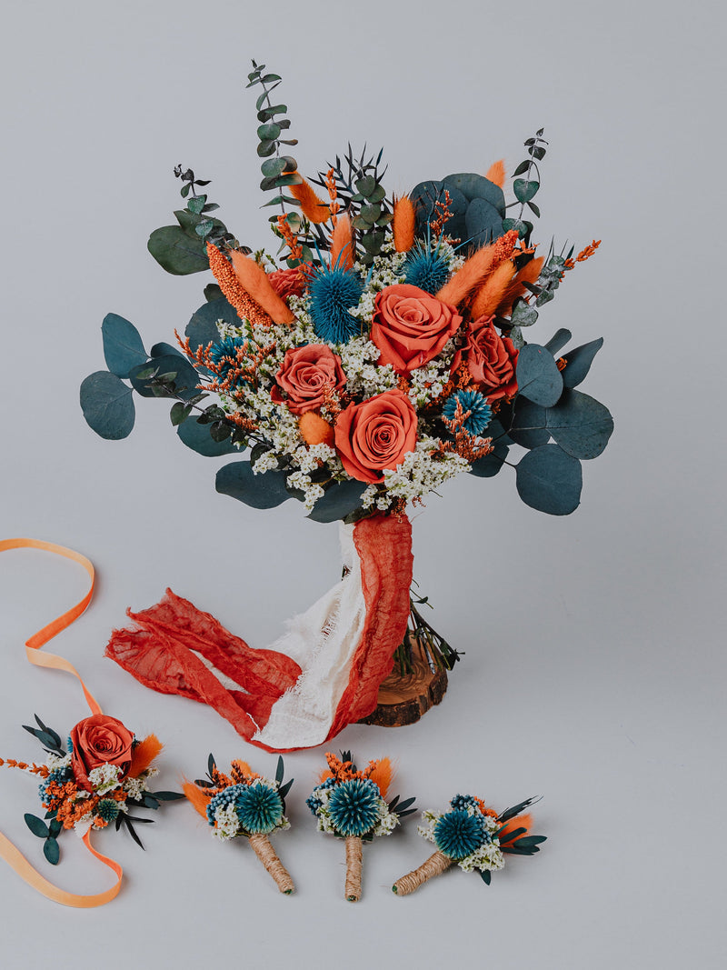 Thristle Teal Orange Roses Baby's Breath bouquet/Deep blue-green and Terracotta preserved roses bouquet/Rustic bouquet/Fall bouquet/ Bouquet