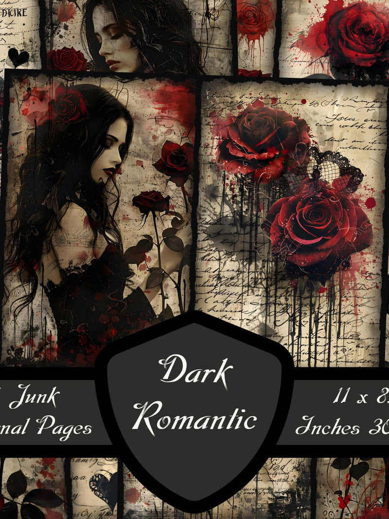 Dark Romantic Junk Journal Pages, Gothic Love Scrapbook Papers Vampire Women Digital Download Lace Collage Sheet Victorian Rose Printable Love Romance Flower