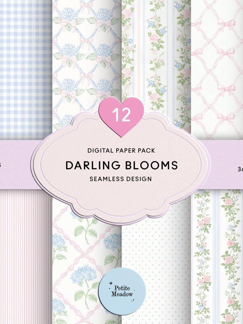 Watercolor Pink & Blue Ditsy Floral Digital Paper Pack, Vintage Pastel Roses, Shabby Chic Seamless Patterns, Junk Journal Scrapbook Paper Love Romance Flower