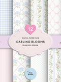 Watercolor Pink & Blue Ditsy Floral Digital Paper Pack, Vintage Pastel Roses, Shabby Chic Seamless Patterns, Junk Journal Scrapbook Paper Love Romance Flower