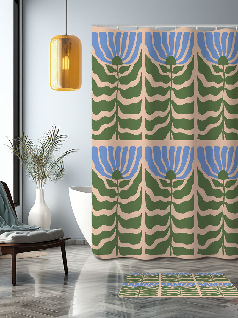 Blue Floral Shower Curtain, Flower green leaves Mid-century vintage, whimsical eclectic Bathroom Curtain Mat, Home bath decor, house gift house warming flower