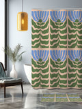 Blue Floral Shower Curtain, Flower green leaves Mid-century vintage, whimsical eclectic Bathroom Curtain Mat, Home bath decor, house gift house warming flower
