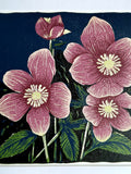 Hellebore Flowers Linoprint. Limited edition, Handprinted reduction print. flower spore